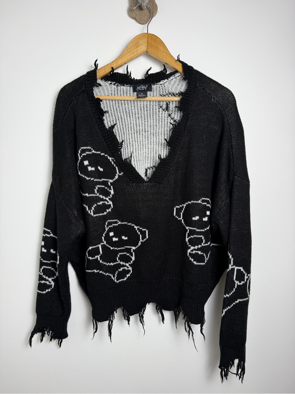 Just Polly Teddy Bear Distressed Knit Sweater XL Y2K Grunge